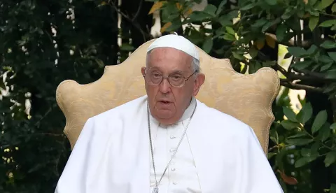 Pope Francis leads a 'Prayer for Peace' in the Vatican Gardens on June 7, 2024 commemorating the 10th anniversary of the 'Invocation for Peace' in the same place with the then-leaders of Israel and Palestine. The event commemorated a historic gathering on 8 June 2014, when Pope Francis, the then-President of the State of Israel, Shimon Peres, the President of the State of Palestine, Mahmoud Abbas, and the Ecumenical Patriarch of Constantinople, Bartholomew I, made history by praying together and planted an olive tree for peace. Pope Francis renewed his appeals for a ceasefire to end the war in Gaza, and to release Israeli hostages. Photo: (EV) Vatican Pool /Galazka/ ABACAPRESS.COM Photo: ABACA/ABACA