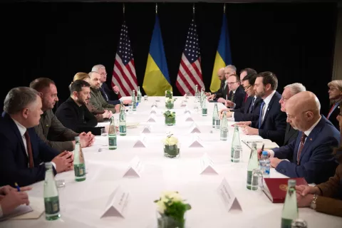 epa11896405 A handout photo made available by the Ukrainian Presidential Press Service shows Ukraine's President Volodymyr Zelensky (3-L) during a meeting with US Vice President JD Vance (3-R) in Munich, Germany, 14 February 2025, on the sidelines of the annual Munich Security Conference (MSC). EPA/UKRAINIAN PRESIDENTIAL PRESS SERVICE HANDOUT -- MANDATORY CREDIT: UKRAINIAN PRESIDENTIAL PRESS SERVICE -- HANDOUT EDITORIAL USE ONLY/NO SALES