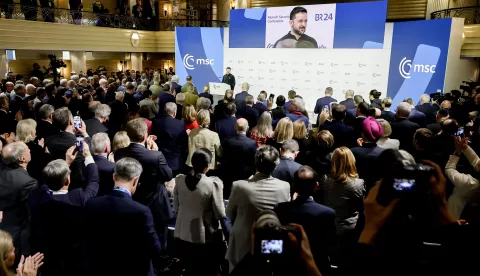 epa11897396 Ukrainian President Volodymyr Zelensky speaks during the 61st Munich Security Conference (MSC), in Munich, Germany, 15 February 2025. High-level international decision-makers meet at the 61st Munich Security Conference in Munich from 14 to 16 February 2025 during their annual meeting to discuss global security issues. EPA/RONALD WITTEK