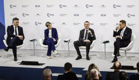 epa11899879 (L-R) Prime Minister of Croatia Andrej Plenkovic, Prime Minister of Iceland, Kristrun Mjoll Frostadottir, President of Latvia, Edgars Rinkevics, and President of Finland Alexander Stubb attend the 61st Munich Security Conference (MSC) in Munich, Germany, 16 February 2025. High-level international decision-makers meet at the 61st Munich Security Conference in Munich from 14 to 16 February 2025 during their annual meeting to discuss global security issues. EPA/RONALD WITTEK
