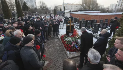 epa11899771 People lay flowers on the grave of late Russian opposition leader Alexei Navalny at the Borisovskoye cemetery, in Moscow, Russia, 16 February 2025. Navalny died aged 47 in an arctic penal colony on 16 February 2024, after being transferred there in 2023. The colony is considered to be one of the world's harshest prisons. Alexei Navalny's body was laid to rest on 01 March 2024 at the Borisovskoye cemetery in Moscow. EPA/MAXIM SHIPENKOV