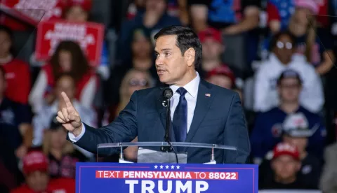 epa11691558 Senator Marco Rubio speaks to supporters during Republican Presidential Candidate Donald J. Trump's rally in Allentown, Pennsylvania, USA, 29 October 2024, emphasizing the importance of voter turnout in the upcoming election. Trump is running against Democratic US Vice President Kamala Harris in the presidential election on 05 November 2024. EPA/DAVID MUSE