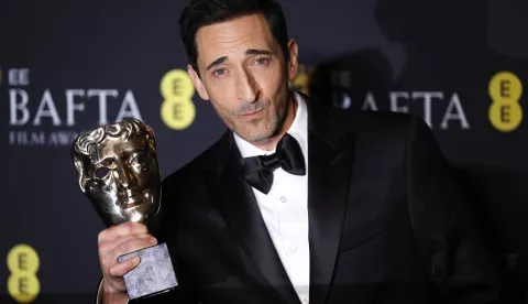 epa11901869 US actor Adrian Brody poses in the press room after winning the Best Actor award for 'The Brutalist' during the BAFTA Film Awards at the Royal Festival Hall in London, Britain, 16 February 2025. The ceremony is hosted by the British Academy of Film and Television Arts (BAFTA). EPA/TOLGA AKMEN