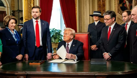 FILE PHOTO: President Donald Trump, center, speaks to leadership in the President's Room (L-R) with Senator Amy Klobuchar (D-MN), Vice President JD Vance, First Lady Melania Trump, Speaker of the House Mike Johnson and Majority Leader Steve Scalise on January 20, 2025, at the US Capitol in Washington, DC. Melina Mara/Pool via REUTERS/File Photo Photo: Melina Mara/REUTERS