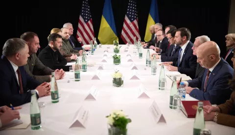 epa11896405 A handout photo made available by the Ukrainian Presidential Press Service shows Ukraine's President Volodymyr Zelensky (3-L) during a meeting with US Vice President JD Vance (3-R) in Munich, Germany, 14 February 2025, on the sidelines of the annual Munich Security Conference (MSC). EPA/UKRAINIAN PRESIDENTIAL PRESS SERVICE HANDOUT -- MANDATORY CREDIT: UKRAINIAN PRESIDENTIAL PRESS SERVICE -- HANDOUT EDITORIAL USE ONLY/NO SALES