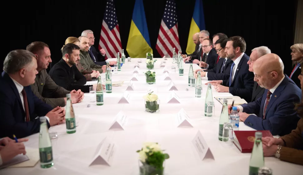 epa11896405 A handout photo made available by the Ukrainian Presidential Press Service shows Ukraine's President Volodymyr Zelensky (3-L) during a meeting with US Vice President JD Vance (3-R) in Munich, Germany, 14 February 2025, on the sidelines of the annual Munich Security Conference (MSC). EPA/UKRAINIAN PRESIDENTIAL PRESS SERVICE HANDOUT -- MANDATORY CREDIT: UKRAINIAN PRESIDENTIAL PRESS SERVICE -- HANDOUT EDITORIAL USE ONLY/NO SALES