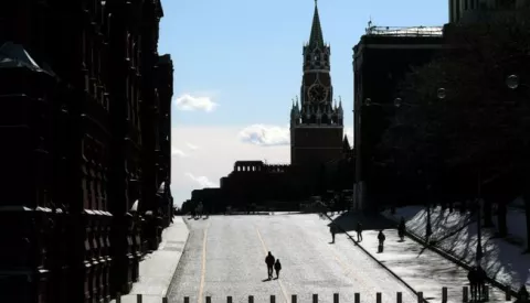 epa09873571 People walk in the Red Square outside the Kremlin in Moscow, Russia, 06 April 2022. On 24 February Russian troops had entered Ukrainian territory in what the Russian president declared a 'special military operation', resulting in fighting, and multiple sanctions against Russia. EPA/MAXIM SHIPENKOV