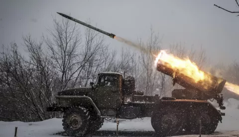 epa11902330 A handout picture made available by the press service of the 24th Mechanized Brigade of the Ukrainian Armed Forces shows the brigade servicemen firing an MRLS BM-21 'Grad' towards Russian army positions near Chasiv Yar, Donetsk region, Ukraine, 16 February 2025 (made available 17 February 2025). EPA/24th Mechanized Brigade HANDOUT 76783HANDOUT EDITORIAL USE ONLY/NO SALES