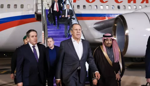 SAUDI ARABIA, RIYADH - FEBRUARY 18, 2025: Russia's Foreign Minister Sergei Lavrov (C front) steps off his plane upon arrival for Russian-American talks. Russian Foreign Ministry/TASS/Sipa USA Photo: Tass/SIPA USA