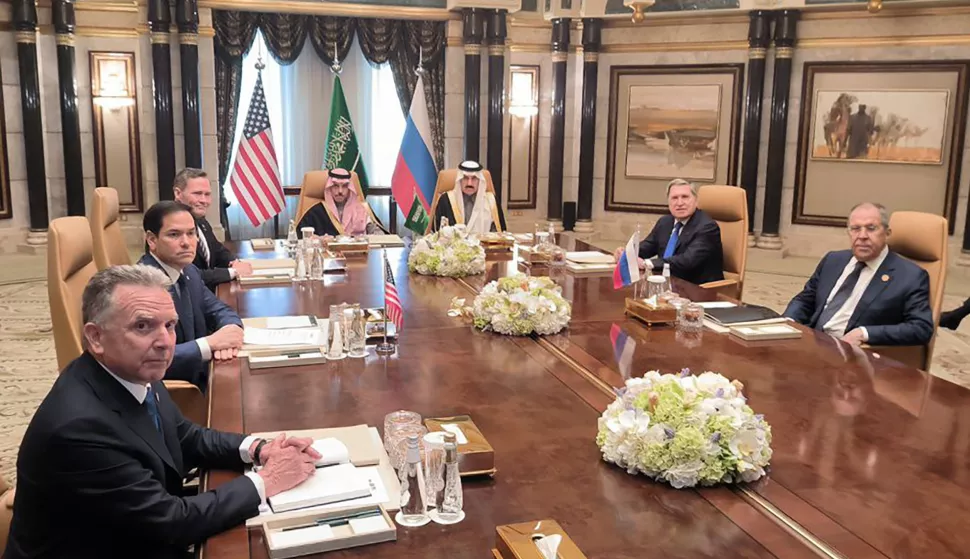 SAUDI ARABIA, RIYADH - FEBRUARY 18, 2025: Steve Witcoff, US Special Envoy for Middle East, Secretary of State Marco Rubio, National Security Advisor Michael Waltz (L-R), Russia's Foreign Minister Sergei Lavrov and Presidential Aide Yuri Ushakov (R-L front) hold bilateral talks. Pictured in the back is Prince Faisal bin Farhan Al Saud (L), Foreign Minister of Saudi Arabia. Artyom Popov/TASS/Sipa USA Photo: Tass/SIPA USA