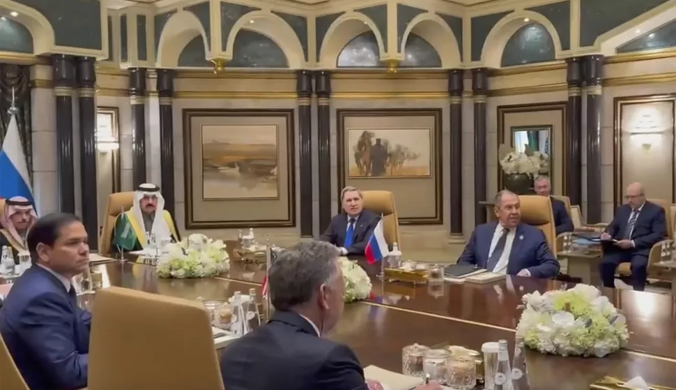 epa11904049 A handout photo made available by Russian Foreign Ministry Press Service shows Russian Foreign Minister Sergey Lavrov (R) and Russian presidential aide Yury Ushakov (2-R) attend a meeting with U.S. Secretary of State Marco Rubio (2-L), U.S. National Security Advisor Mike Waltz (L) and U.S. Middle East envoy Steve Witkoff, Saudi Foreign Minister Prince Faisal bin Farhan Al Saud (C-L) and Saudi National Security Advisor Mosaad bin Mohammad Al-Aiban (C-R) at Diriyah Palace in Riyadh, Saudi Arabia, 18 February 2025. The agenda of the meeting of the Russian presidential aide Yuri Ushakov, Russian Foreign Minister Sergey Lavrov with American officials in Riyadh on 18 February is devoted to the restoration of the entire range of bilateral relations, as well as the preparation of possible negotiations on the Ukrainian settlement, the Kremlin reported. EPA/RUSSIAN FOREIGN MINISTRY PRESS SERVICE HANDOUT HANDOUT EDITORIAL USE ONLY/NO SALESHANDOUT EDITORIAL USE ONLY/NO SALES