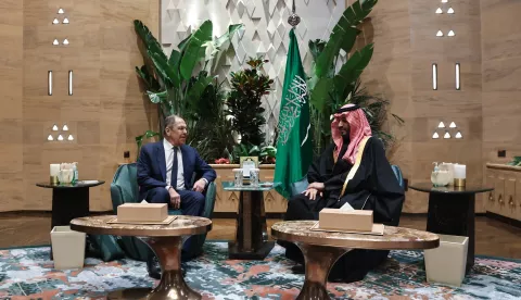 epa11905030 A handout photo made available by the Russian Foreign Ministry Press Service shows Russian Foreign Minister Sergey Lavrov (L) meeting with Saudi Arabia Crown Prince and Prime Minister Mohammed bin Salman bin Abdulaziz Al Saud in Riyadh, Saudi Arabia, 18 February 2025. The agenda of the meeting of the Russian presidential aide Yuri Ushakov, Russian Foreign Minister Sergey Lavrov with American officials in Riyadh on 18 February is devoted to the restoration of the entire range of bilateral relations, as well as the preparation of possible negotiations on the Ukrainian settlement, the Kremlin reported. EPA/RUSSIAN FOREIGN MINISTRY PRESS SERVICE HANDOUT HANDOUT EDITORIAL USE ONLY/NO SALESHANDOUT EDITORIAL USE ONLY/NO SALES
