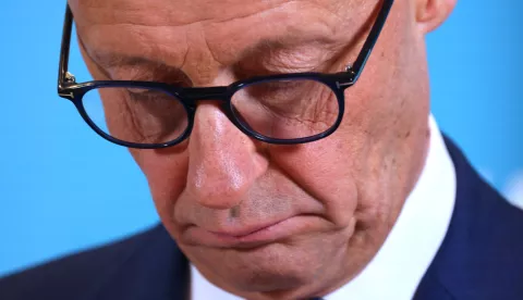 epa11886580 Chairman of the Christian Democratic Union (CDU) party and chancellor candidate Friedrich Merz addresses the media before a faction meeting at the Bundestag building in Berlin, Germany, 10 February 2025. EPA/HANNIBAL HANSCHKE