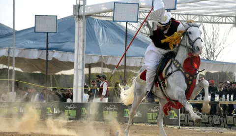 epa11905637 A horseman participates in a tent-pegging competition marking the arrival of spring, in Islamabad, Pakistan, 18 February 2025. EPA/SOHAIL SHAHZAD 76935