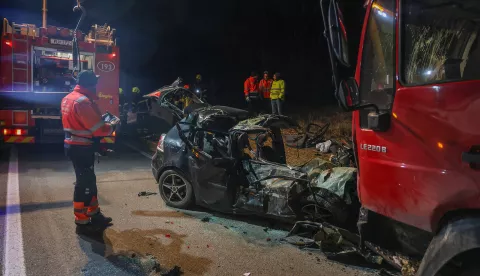 18.02.2025., Svetvincenat - U prometnoj nesreci izmedju kamiona i automobila koja se dogodila na drzavnoj cesti D77 na dionici ceste Vodnjan - Zminj kod sela Bibici smrtnoj je stradala jedna osoba. Photo: Srecko Niketic/PIXSELL