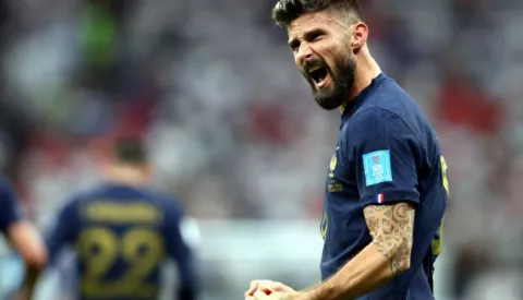 epa10360235 Olivier Giroud of France celebrates after scoring the 2-1 during the FIFA World Cup 2022 quarter final soccer match between England and France at Al Bayt Stadium in Al Khor, Qatar, 10 December 2022. EPA/Tolga Bozoglu