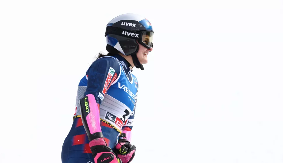 epa11892827 Zrinka Ljutic of Croatia reacts in the finish area during the Women's Giant Slalom race at the FIS Alpine Skiing World Championships in Saalbach Hinterglemm, Austria, 13 February 2025. EPA/ANNA SZILAGYI