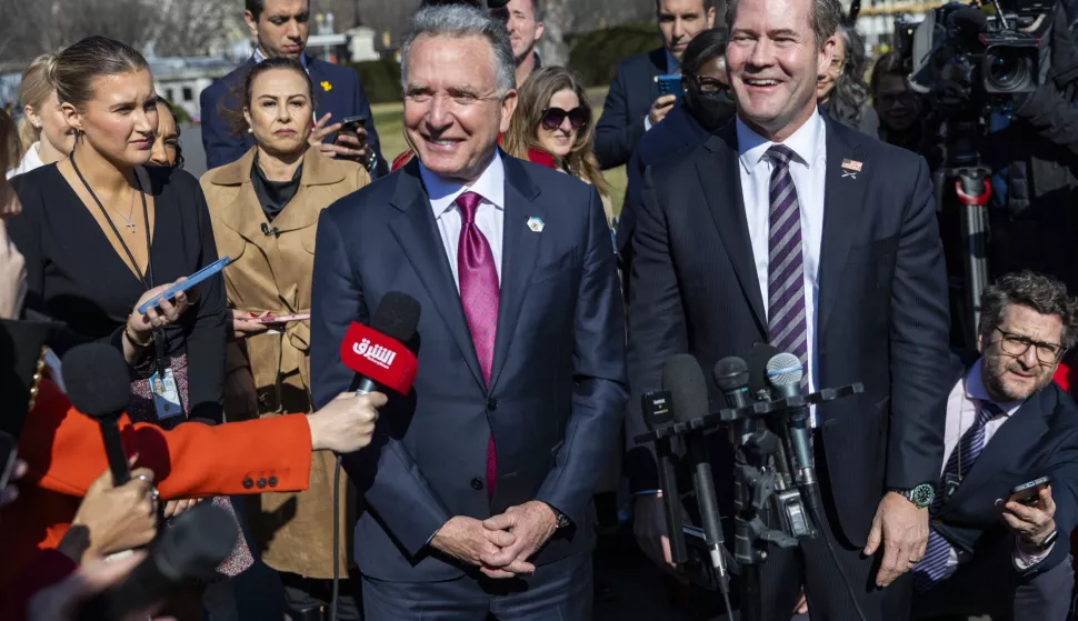 epa11875163 US Special Envoy to the Middle East Steve Witkoff (L), with National Security Advisor Michael Waltz (R), responds to a question from the news media outside the West Wing of the White House in Washington, DC, USA, 04 February 2025. Later in the day President Trump hosts Israeli Prime Minister Netanyahu with two leaders set to discuss the Israeli cease-fire with Hamas, Iran's nuclear program and future arms shipments among other bilateral issues. EPA/SHAWN THEW