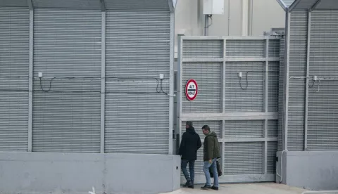 Two men seen while entering in the hotspot. 49 migrants, from Bangladesh, Egypt, Cote d?Ivoir, Gambia, departed from Libya, arrived in the Albanian port of Shengin on board of the Italian navi ship Cassiopea, according to the agreement between Italy and Albania. Following a first screening in the hotspot of Shengjin, they were transferred in the center of Gjader. (Photo by Valeria Ferraro/SOPA Images/Sipa USA) Photo: SOPA Images/SIPA USA