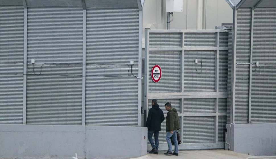 Two men seen while entering in the hotspot. 49 migrants, from Bangladesh, Egypt, Cote d?Ivoir, Gambia, departed from Libya, arrived in the Albanian port of Shengin on board of the Italian navi ship Cassiopea, according to the agreement between Italy and Albania. Following a first screening in the hotspot of Shengjin, they were transferred in the center of Gjader. (Photo by Valeria Ferraro/SOPA Images/Sipa USA) Photo: SOPA Images/SIPA USA