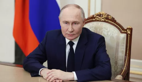epa11917306 Russian President Vladimir Putin delivers his address to war veterans, military personnel, the civilian staff of the Russian Armed Forces, and Russian citizens in general on Defender of the Fatherland Day via video link from the Kremlin in Moscow, Russia, 23 February 2025. The nationwide Defender of the Fatherland Day is annually celebrated in Russia on 23 February. EPA/MIKHAIL METZEL/SPUTNIK/KREMLIN POOL