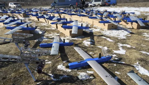 epa11913353 Besomar 3210 unmanned aerial vehicle (UAV) systems during their handover to the Ukrainian army at an undisclosed location in the Lviv region, western Ukraine, 21 February 2025, amid the Russian invasion. The 100 units of UAV systems, ground control stations, and launch and control equipment were handed over to the representatives of the 1020th Airborne Defence Unit and the 39th Airborne Defence Unit of the Armed Forces of Ukraine. The Besomar 3210 UAVs are aircraft-type strike interceptor drones designed for additional reconnaissance, interception, and destruction of enemy reconnaissance (Orlan, Supercam, Zala) and attack (Shakhed, Geran) drones. The systems include aircraft-type drones, ground control stations, mobile charging stations, antennae, and radio beacons. The drones can stay in the air for up to two and a half hours, ascend to an altitude of up to four kilometers, and travel at a speed of 160 kph with a flight range of 50-60 km. EPA/MYKOLA TYS