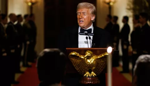 epa11917158 US President Donald Trump speaks during the National Governors Association Dinner in the East Room of the White House, in Washington, DC, USA, 22 February 2025. EPA/SAMUEL CORUM/POOL
