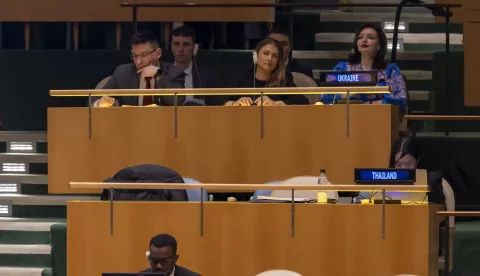 epa11921794 Representatives from Ukraine (top) listen to United States Interim Ambassador Dorothy Camille Shea (unseen) speak before members of the General Assembly vote on a resolution demanding an immediate withdrawal of all Moscow's forces from Ukraine, at the United Nations Headquarters in New York, New York, USA, 24 February 2025. Ukraine marks the third anniversary since Russia began its full-scale invasion of the country in 2022. EPA/SARAH YENESEL
