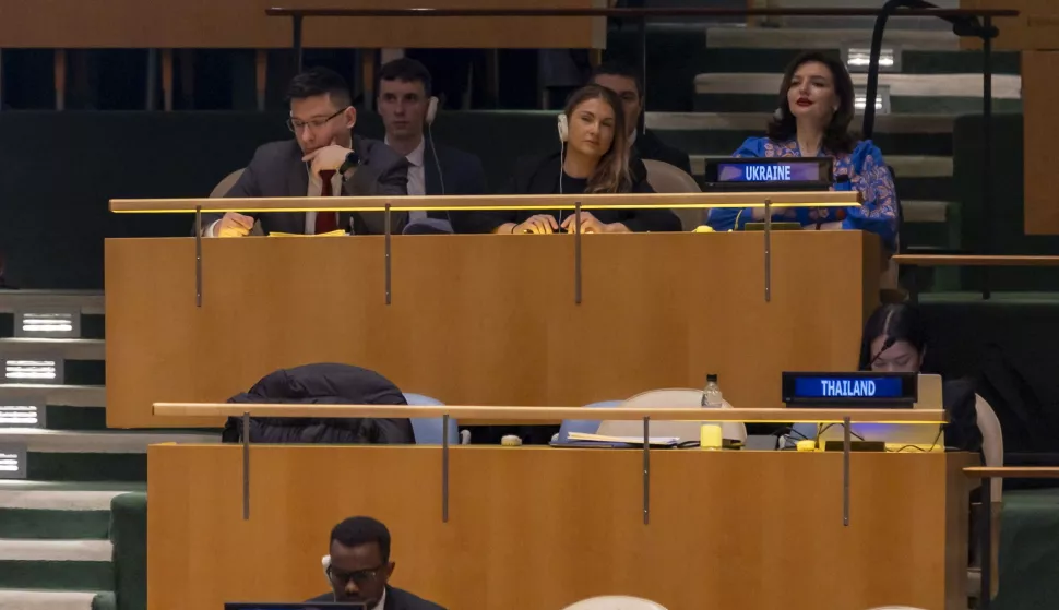 epa11921794 Representatives from Ukraine (top) listen to United States Interim Ambassador Dorothy Camille Shea (unseen) speak before members of the General Assembly vote on a resolution demanding an immediate withdrawal of all Moscow's forces from Ukraine, at the United Nations Headquarters in New York, New York, USA, 24 February 2025. Ukraine marks the third anniversary since Russia began its full-scale invasion of the country in 2022. EPA/SARAH YENESEL