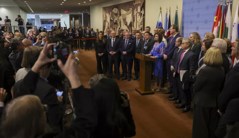 epa11922375 Deputy Foreign Minister of Ukraine Mariana Betsa (C) speaks at United Nations Headquarters before a Security Council meeting in New York, New York, USA, 24 February 2025. Ukraine marks the third anniversary since Russia began its full-scale invasion of the country in 2022. EPA/SARAH YENESEL