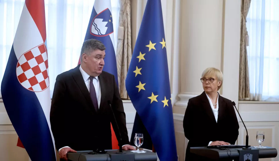 Ljubljana, 26.2.2025. - Predsjednik Zoran Milanović u posjetu Sloveniji. Izjave za medije Predsjednika Republike Hrvatske i predsjednice Republike Slovenije Nataše Pirc Musar. Na fotografiji Zoran Milanović, Nataša Pirc Musar. foto HINA/ Dario GRZELJ/ ml