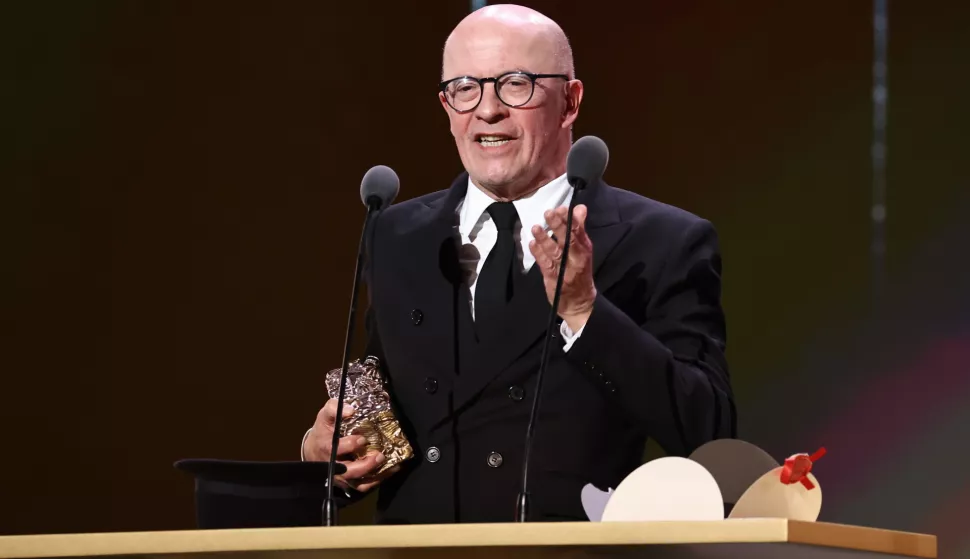 epa11931334 French Director Jacques Audiard reacts after receiving the Cesar award in the category Best Director during the 50th annual Cesar awards ceremony held at the Olympia concert hall in Paris, France, 28 February 2025. The awards are presented by the French 'Academie des Arts et Techniques du Cinema' (Academy of Cinema Arts and Techniques). EPA/CHRISTOPHE PETIT TESSON
