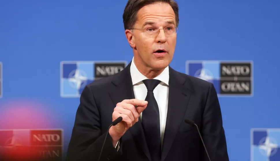 epa11890363 NATO Secretary-General Mark Rutte gives a press conference ahead to a North Atlantic Treaty Organization (NATO) Defense Ministers' meeting at the alliance's headquarters in Brussels, Belgium, 12 February 2025. EPA/OLIVIER HOSLET