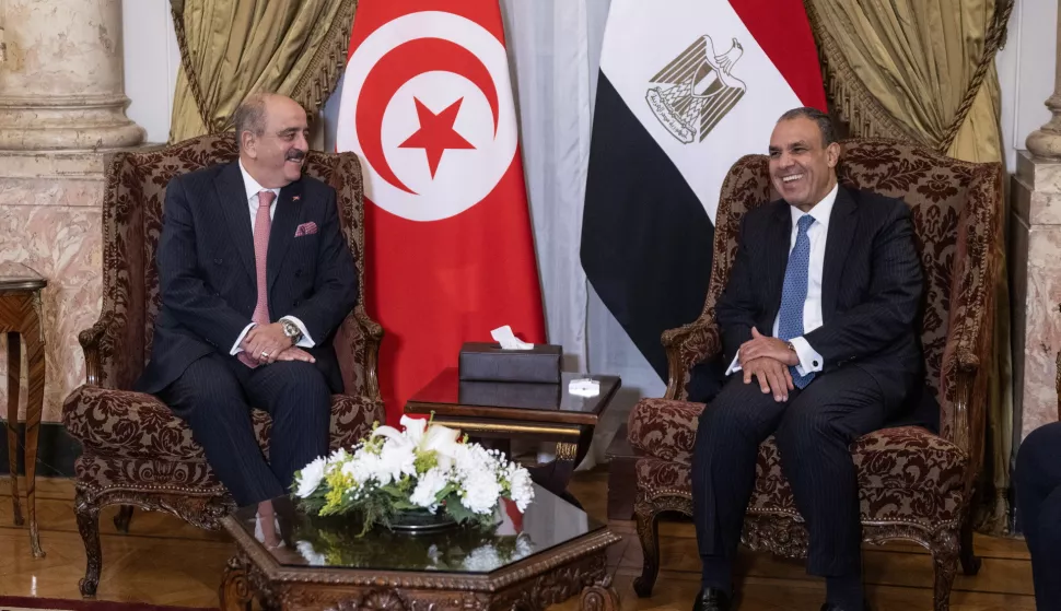 epa11937729 Egyptian Foreign Minister Badr Abdelatty (R) meets with his Tunisian counterpart Mohamed Ali Nafti (L) at Al Tahrir palace in Cairo, Egypt, 03 March 2025. Egyptian Foreign Minister Badr Abdelatty held meetings on 03 March with counterparts from Arab states in preparation for the emergency Arab summit set for 04 March, which aims to address developments regarding the Palestinian issue and the reconstruction of the Gaza Strip. EPA/MOHAMED HOSSAM