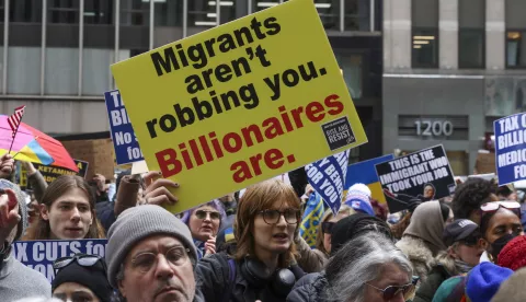 epa11940428 Protesters gather outside Fox News Headquarters in New York, New York, USA, 04 March 2025, as they participate in a protest organized by the activist group Rise and Resist. EPA/SARAH YENESEL