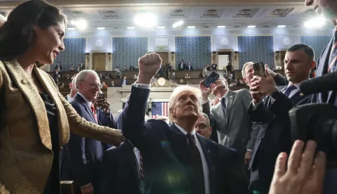 epa11941467 US President Donald Trump gestures after addressing a joint session of the United States Congress at the&nbsp;US Capitol in Washington, DC, USA, 04 March 2025. EPA/WIN MCNAMEE/POOL