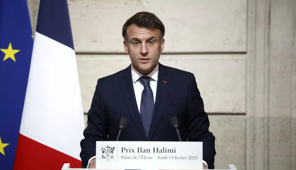 epa11893127 French President Emmanuel Macron delivers a speech during the Ilan Halimi Prize award ceremony at the Elysee Palace in Paris, France, 13 February 2025. The prize, named after the young French man of Moroccan Jewish ancestry Ilan Halimi, who was kidnapped, tortured and killed on 13 February 2006, rewards young people's commitment to combating racism and anti-Semitic prejudices and stereotypes. EPA/YOAN VALAT/POOL