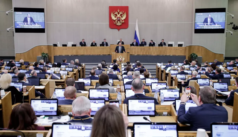 epa11907129 A handout photo made available by the Russian State Duma Press Service shows Russian Foreign Minister Sergey Lavrov delivering his report 'On the priorities of the foreign policy of the Russian Federation' during a plenary session of the State Duma, the Lower House of the Russian Parliament, in Moscow, Russia, 19 February 2025. Lavrov attended a State Duma session after returning from Saudi Arabia where he held negotiations with the US. "Russia and the United States have begun to retreat from the brink of the abyss in bilateral relations, but these are only the first steps", said Lavrov. EPA/RUSSIAN STATE DUMA PRESS SERVICE HANDOUT EDITORIAL USE ONLY/NO SALES