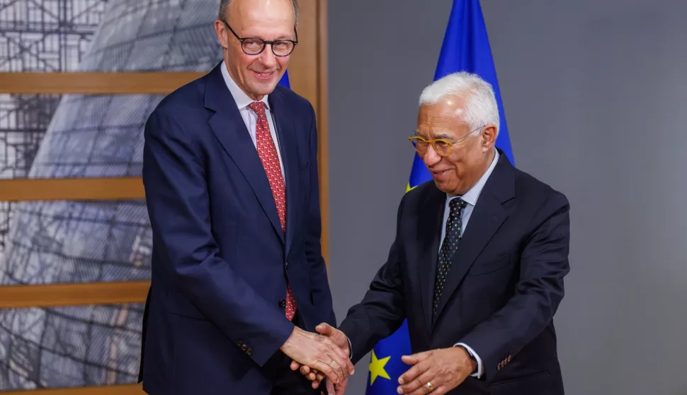 epa11943704 EU Council President Antonio Costa (R) welcomes leader of the Christian Democratic Union (CDU) party Friedrich Merz at a Special European Summit to discuss Ukraine support and European Defense, at the EU Council in Brussels, Belgium, 06 March 2025. EPA/OLIVIER MATTHYS