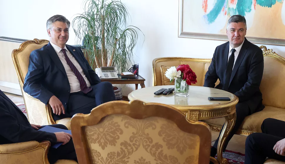 10.05.2024., Ured predsjednika, dvorana 2, Zagreb - Predsjednik Republike Zoran Milanovic primio je predsjednika Vlade RH i predsjednika HDZ-a Andreja Plenkovica koji mu je donio potpise za davanje mandata za sastavljanje Vlade Republike Hrvatske. Photo: Goran Stanzl/PIXSELL
