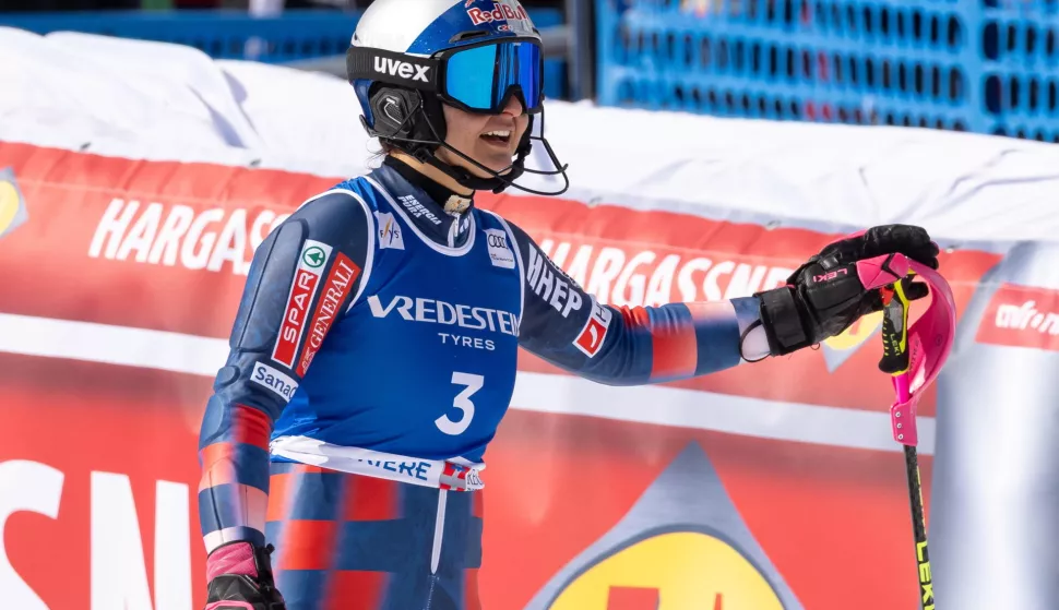 epa11918305 Second placed Zrinka Ljutic of Croatia reacts in the finish area during the Women's Slalom race at the FIS Alpine Skiing World Cup event in Sestriere, Italy, 23 February 2025. EPA/ANDREA SOLERO