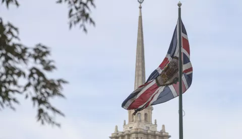 epa11601535 Britain's national flag flies at the British Embassy building in Moscow, Russia, 13 September 2024. Six employees of the British Embassy, ​​who were in Russia under the auspices of the Directorate for Eastern Europe and Central Asia of the UK Foreign Office, have been stripped of their accreditation due to signs of intelligence activity discovered in their work, the Public Relations Center of the Russian FSB security service said. EPA/SERGEI ILNITSKY