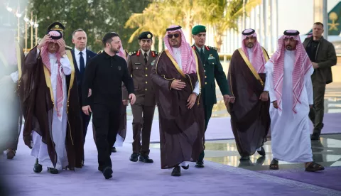epa11954019 A handout photo made available by the Presidential Press Service shows Deputy Governor of Makkah Region Prince Saud bin Mishal bin Abdulaziz (C-R) welcoming Ukraine's President Volodymyr Zelensky (C-L) to Jeddah, Saudi Arabia, 1gr0 March 2025. EPA/Presidential Press Service HANDOUT HANDOUT EDITORIAL USE ONLY/NO SALES
