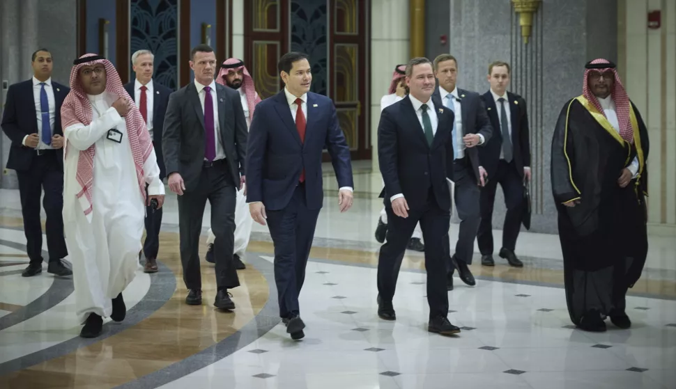 epa11955725 A handout photo made available by the Ukrainian Presidential Press Service shows US Secretary of State Marco Rubio (R) and US National Security Advisor Mike Waltz (L) arriving for a meeting with Ukrainian officials in Jeddah, Saudi Arabia, 11 March 2025. US and Ukrainian officials are holding talks in Jeddah to find a path for peace in the Ukraine. EPA/UKRAINE PRESIDENTIAL PRESS SERVICE HANDOUT HANDOUT HANDOUT EDITORIAL USE ONLY/NO SALES