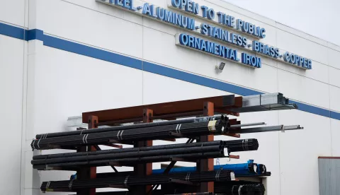 epa11957440 Various metal products are stacked for sale at a metal supply business in Burbank, California, USA, 11 March 2025. US President Donald Trump has been suggesting varying levels of tariffs on steel and aluminum imported from Canada in recent days. EPA/ALLISON DINNER