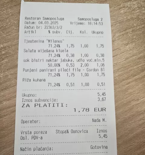 Račun u studentskoj menzi,