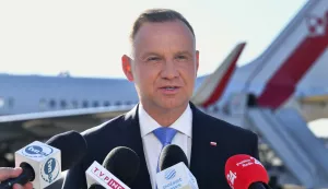 epa10864751 President of the Republic of Poland Andrzej Duda speaks at a press conference before departing to the U.S. at the airport in Warsaw, Poland, 16 September 2023. The President of the Republic of Poland will take part in the general debate of the 78th session of the UN General Assembly in New York City. EPA/Andrzej Lange POLAND OUT