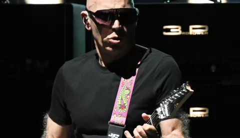 WEST PALM BEACH - JUL 14 Joe Satriani performs at the Sammy Hagar "The Best Of All Worlds Tour" at iTHINK Financial Amphitheatre in West Palm Beach, Florida on July 13, 2024. (Photo by Ron Elkman/USA TODAY NETWORK/Sipa USA)           Photo: Ron Elkman/SIPA USA