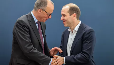 epa11937629 Christian Democratic Union (CDU) party leader and chancellor candidate Friedrich Merz (L) congratulates CDU Hamburg chairman and top candidate for the state election, Dennis Thering (R), before the federal executive committee's meeting following the Hamburg regional elections, at the Konrad-Adenauer-Haus, the CDU headquarters, in Berlin, Germany, 03 March 2025. Hamburg's state election took place on 02 March 2025, with the CDU party placed second after the Social Democratic Party (SPD). EPA/HANNIBAL HANSCHKE