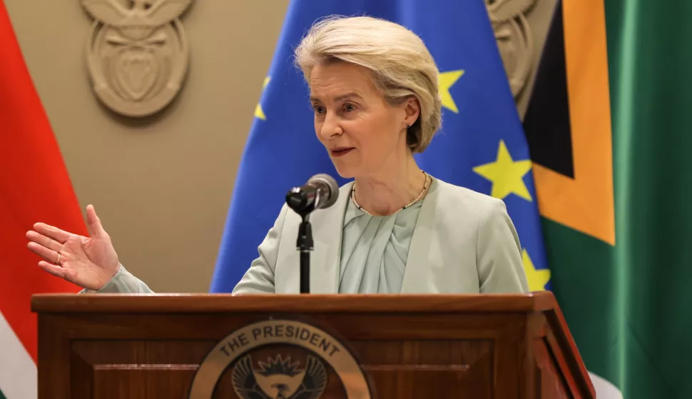 epa11961540 European Commission President Ursula von der Leyen addresses the media after the 8th South Africa-European Union (SA-EU) Summit in Cape Town, South Africa, 13 March 2025. EPA/HALDEN KROG
